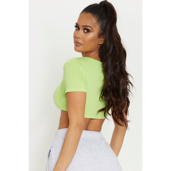 Neon Lime Jersey Short Sleeve V Neck Crop Top New - Picture 4 of 5